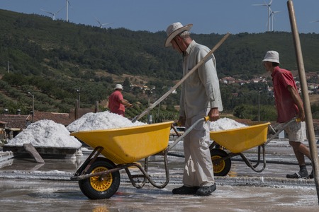 RIO MAIOR, PORTUGAL - July 20th, 2016 : Workers gathering marine salt from the famous saline...