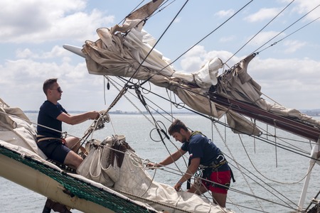 LISBON, PORTUGAL: 22nd july, 2016 - Tall Ships race is a  big nautical event where big majestic ships with sails are presented to the public for visitation.のeditorial素材