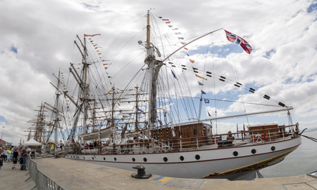 LISBON, PORTUGAL: 22nd july, 2016 - Tall Ships race is a  big nautical event where big majestic ships with sails are presented to the public for visitation.のeditorial素材