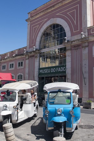 Typical Tuk Tuk motorcycles for transporting tourists in Lisbon, Portugal.