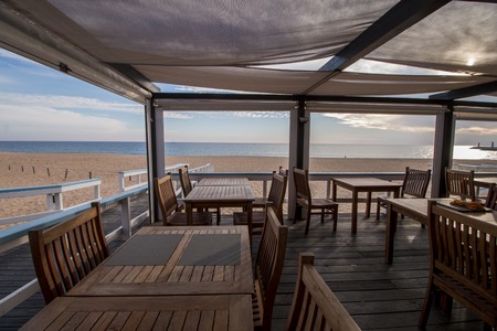VILAMOURA, PORTUGAL - NOV 13th, 2016: Classic blue and white vintage beach wooden bar located in the Algarve region.のeditorial素材
