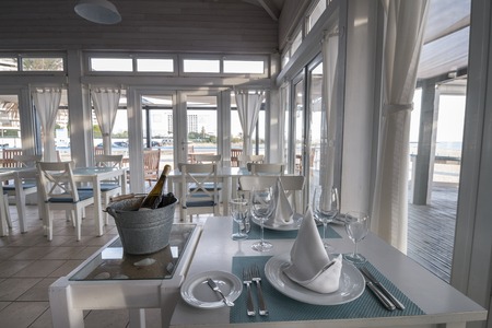 VILAMOURA, PORTUGAL - NOV 13th, 2016: Classic blue and white vintage beach wooden bar located in the Algarve region.のeditorial素材