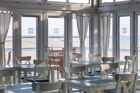 VILAMOURA, PORTUGAL - NOV 13th, 2016: Classic blue and white vintage beach wooden bar located in the Algarve region.のeditorial素材