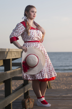 Cute pinup girl in the beach in a wooden pathway.の写真素材