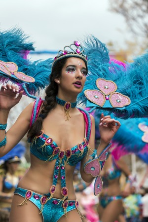 LOULE, PORTUGAL - FEB 2017: Colorful Carnival (Carnaval) Parade festival participants on Loule city, Portugal.のeditorial素材