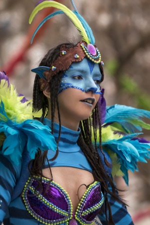 LOULE, PORTUGAL - FEB 2017: Colorful Carnival (Carnaval) Parade festival participants on Loule city, Portugal.のeditorial素材