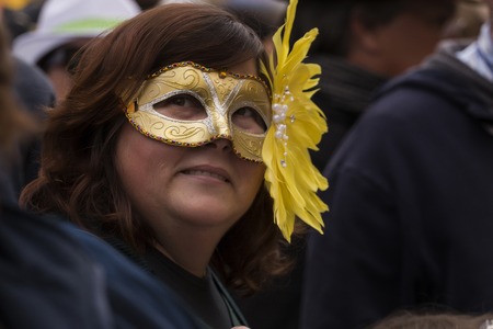 LOULE, PORTUGAL - FEB 2017: Colorful Carnival (Carnaval) Parade festival participants on Loule city, Portugal.のeditorial素材