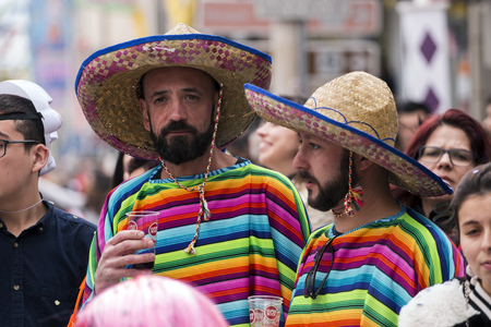LOULE, PORTUGAL - FEB 2017: Colorful Carnival (Carnaval) Parade festival participants on Loule city, Portugal.のeditorial素材