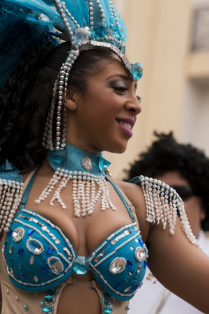 LOULE, PORTUGAL - FEB 2017: Colorful Carnival (Carnaval) Parade festival participants on Loule city,...
