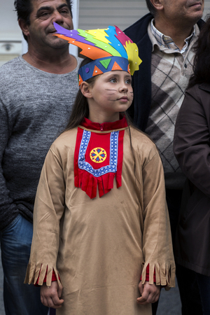 LOULE, PORTUGAL - FEB 2017: Colorful Carnival (Carnaval) Parade festival participants on Loule city, Portugal.のeditorial素材