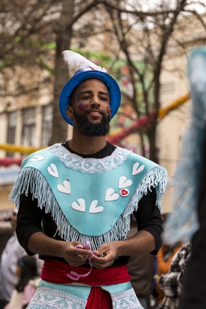 LOULE, PORTUGAL - FEB 2017: Colorful Carnival (Carnaval) Parade festival participants on Loule city, Portugal.のeditorial素材