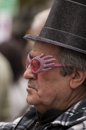 LOULE, PORTUGAL - FEB 2017: Colorful Carnival (Carnaval) Parade festival participants on Loule city, Portugal.のeditorial素材