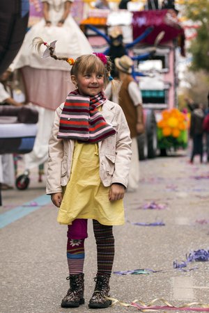 LOULE, PORTUGAL - FEB 2017: Colorful Carnival (Carnaval) Parade festival participants on Loule city, Portugal.のeditorial素材