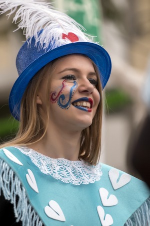 LOULE, PORTUGAL - FEB 2017: Colorful Carnival (Carnaval) Parade festival participants on Loule city, Portugal.のeditorial素材