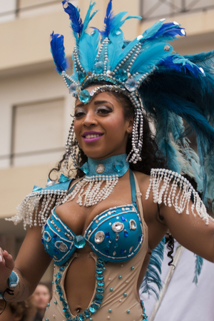 LOULE, PORTUGAL - FEB 2017: Colorful Carnival (Carnaval) Parade festival participants on Loule city, Portugal.のeditorial素材