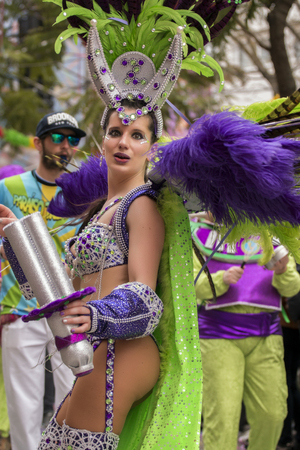 LOULE, PORTUGAL - FEB 2017: Colorful Carnival (Carnaval) Parade festival participants on Loule city, Portugal.のeditorial素材