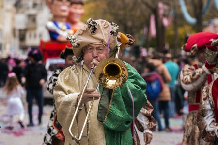 LOULE, PORTUGAL - FEB 2017: Colorful Carnival (Carnaval) Parade festival participants on Loule city, Portugal.のeditorial素材