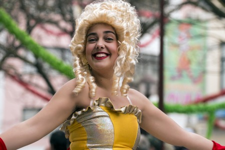 LOULE, PORTUGAL - FEB 2017: Colorful Carnival (Carnaval) Parade festival participants on Loule city, Portugal.のeditorial素材