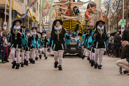 LOULE, PORTUGAL - FEB 2017: Colorful Carnival (Carnaval) Parade festival participants on Loule city, Portugal.のeditorial素材
