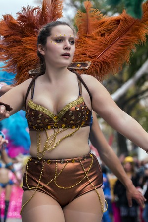 LOULE, PORTUGAL - FEB 2017: Colorful Carnival (Carnaval) Parade festival participants on Loule city, Portugal.のeditorial素材