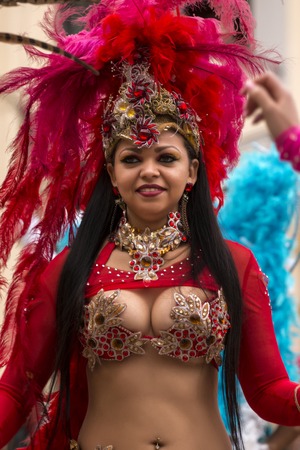 LOULE, PORTUGAL - FEB 2017: Colorful Carnival (Carnaval) Parade festival participants on Loule city,...