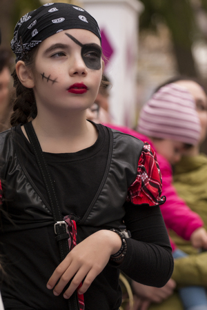 LOULE, PORTUGAL - FEB 2017: Colorful Carnival (Carnaval) Parade festival participants on Loule city, Portugal.のeditorial素材