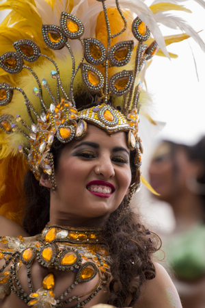 LOULE, PORTUGAL - FEB 2017: Colorful Carnival (Carnaval) Parade festival participants on Loule city, Portugal.のeditorial素材