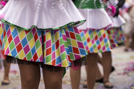 Close view of the design elements of the dress of a female colorful Carnival (Carnaval) Parade festival dancer.の写真素材