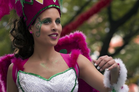LOULE, PORTUGAL - FEB 2017: Colorful Carnival (Carnaval) Parade festival participants on Loule city, Portugal.のeditorial素材