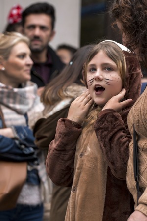 LOULE, PORTUGAL - FEB 2017: Colorful Carnival (Carnaval) Parade festival participants on Loule city, Portugal.のeditorial素材
