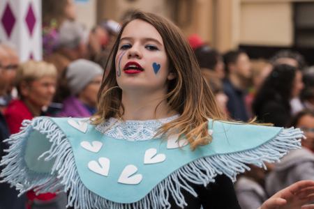 LOULE, PORTUGAL - FEB 2017: Colorful Carnival (Carnaval) Parade festival participants on Loule city, Portugal.のeditorial素材