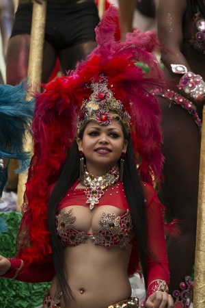 LOULE, PORTUGAL - FEB 2017: Colorful Carnival (Carnaval) Parade festival participants on Loule city, Portugal.のeditorial素材