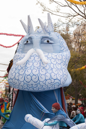 LOULE, PORTUGAL - FEB 2017: Colorful Carnival (Carnaval) Parade festival art and design elements on Loule city, Portugal.のeditorial素材