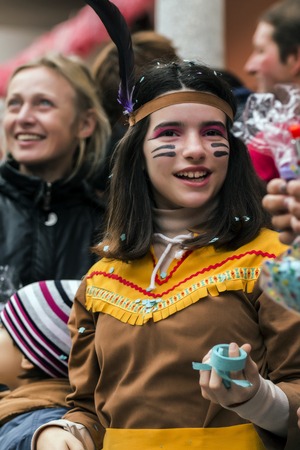 LOULE, PORTUGAL - FEB 2017: Colorful Carnival (Carnaval) Parade festival participants on Loule city, Portugal.のeditorial素材