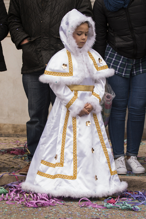 LOULE, PORTUGAL - FEB 2017: Colorful Carnival (Carnaval) Parade festival participants on Loule city, Portugal.のeditorial素材