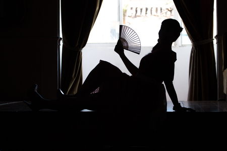 Silhouette of pinup girl with red dress next to a classic window.の写真素材
