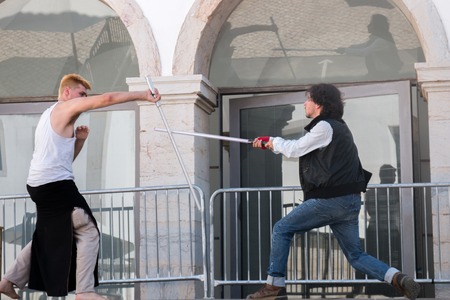 FARO, PORTUGAL - August 19, 2017: Geek nerd fight demonstration in the Manga & Comic Event.