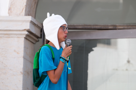 FARO, PORTUGAL - August 19, 2017: Geek nerd stage performance in the Manga & Comic Event.のeditorial素材