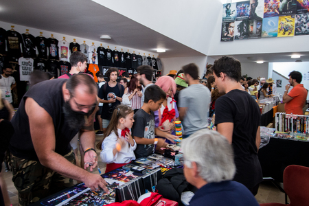 FARO, PORTUGAL - August 19, 2017: General view of the Manga & Comic Event corridors, shops and visitors.のeditorial素材