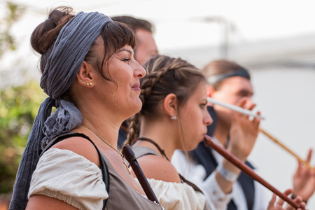 CASTRO MARIM, PORTUGAL - AUGUST 25, 2017: Medieval band performers in Medieval fair event.のeditorial素材