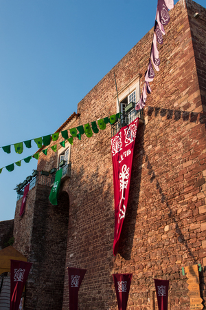 View of Medieval flags in festival in a park.のeditorial素材