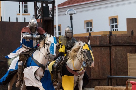 SILVES, PORTUGAL - August 13th, 2017 : Medieval warriors with horses in Medieval fair event.のeditorial素材