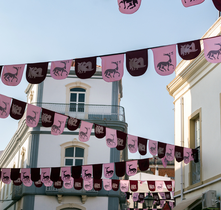 View of Medieval flags in festival in a park.のeditorial素材