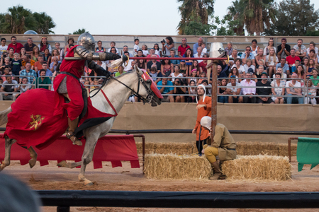 SILVES, PORTUGAL - August 13th, 2017 : Medieval warrior with horse in Medieval fair event.のeditorial素材