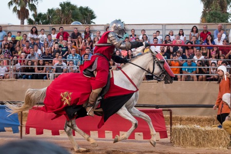 SILVES, PORTUGAL - August 13th, 2017 : Medieval warrior with horse in Medieval fair event.のeditorial素材