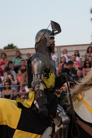 SILVES, PORTUGAL - August 13th, 2017 : Medieval warrior with horse in Medieval fair event.のeditorial素材