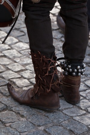 Close up view of a pair of pointy medieval shoes.の写真素材