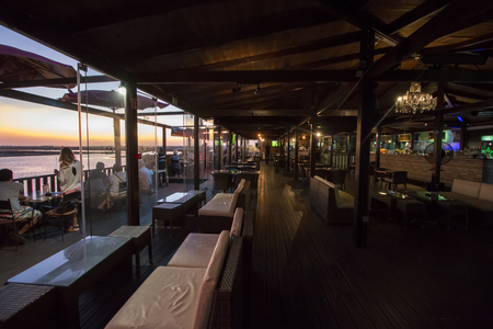 FARO, PORTUGAL: 01st SEPTEMBER, 2017 - Interior view of the bar restaurant O Castelo at sunset, located on Faro city, Portugal.のeditorial素材