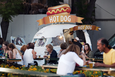 FARO, PORTUGAL: 01st SEPTEMBER, 2017 - Food area with diversity of vendors in Festival F, a big festival on the city of Faro, Portugal.のeditorial素材
