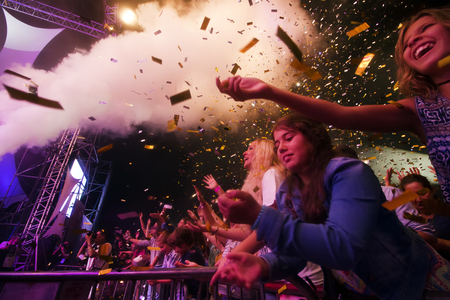 FARO, PORTUGAL: 02nd SEPTEMBER, 2017 - Audience watching the music band, Agir, performing on...